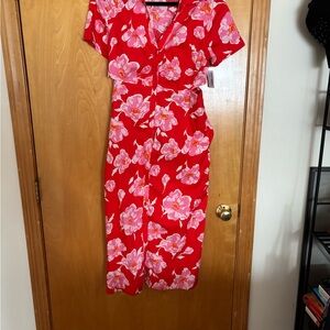 Old Navy Red/Pink/White Midi Dress with Floral Print